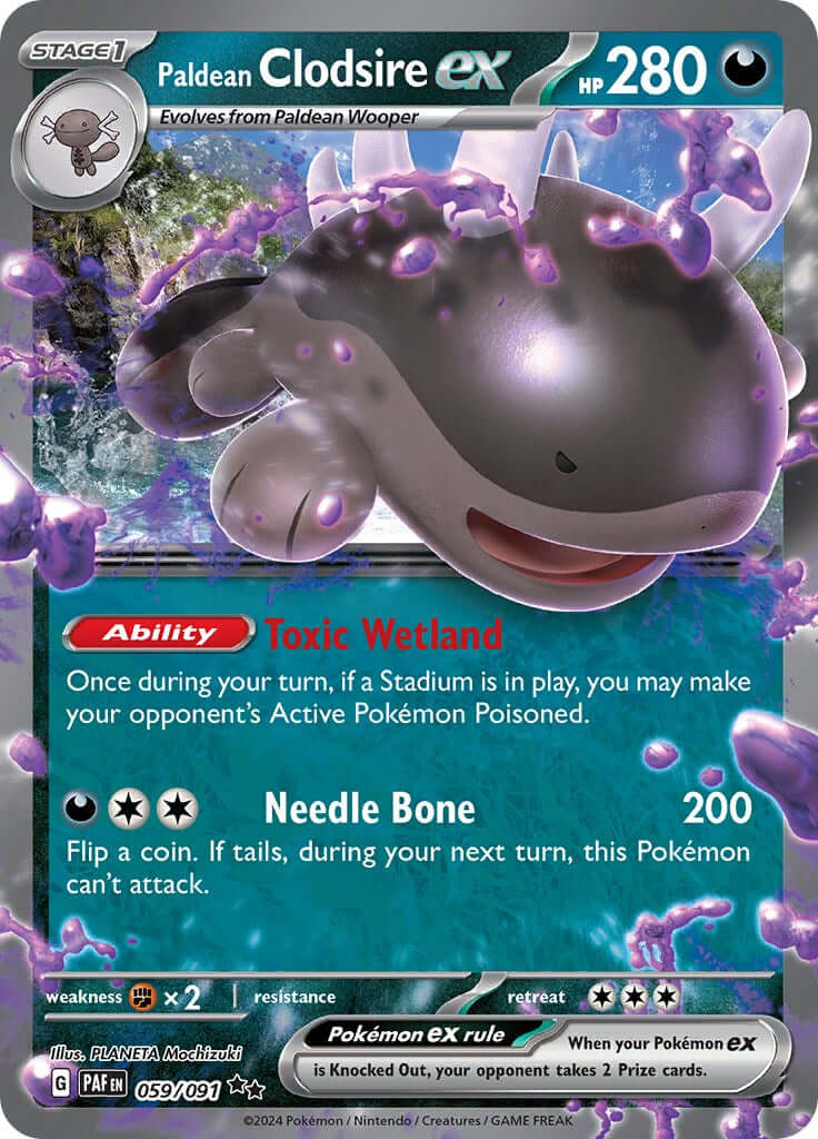 Paldean Clodsire ex - 059/091 [PAF - 059/091] Condition: Near Mint Collectible Trading Cards SV: Paldean Fates Also available: Language: English Printing: Holofoil