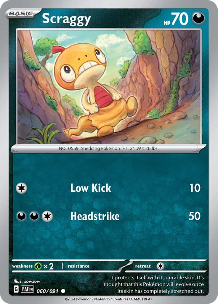 Scraggy [PAF - 060/091] Condition: Near Mint Collectible Trading Cards SV: Paldean Fates Also available: Language: English Printing: Reverse Holofoil
