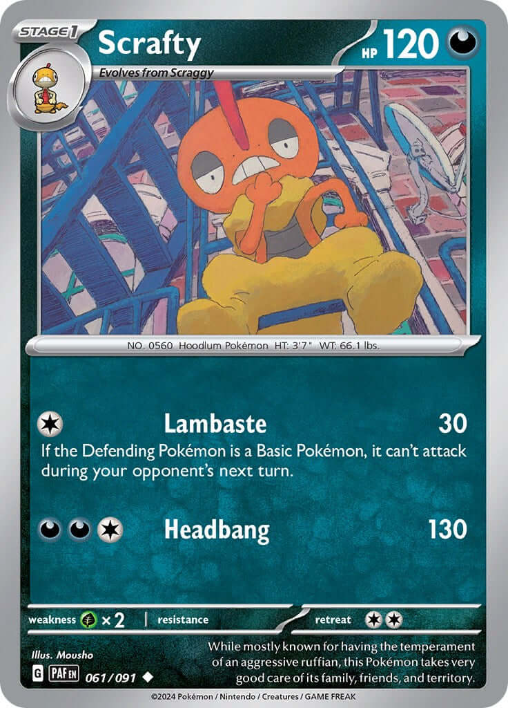 Scrafty [PAF - 061/091] Condition: Near Mint Collectible Trading Cards SV: Paldean Fates Also available: Language: English Printing: Reverse Holofoil