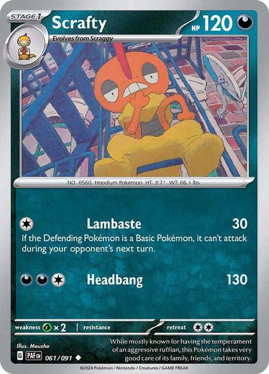 Scrafty [PAF - 061/091] Condition: Near Mint Collectible Trading Cards SV: Paldean Fates Also available: Language: English Printing: Reverse Holofoil