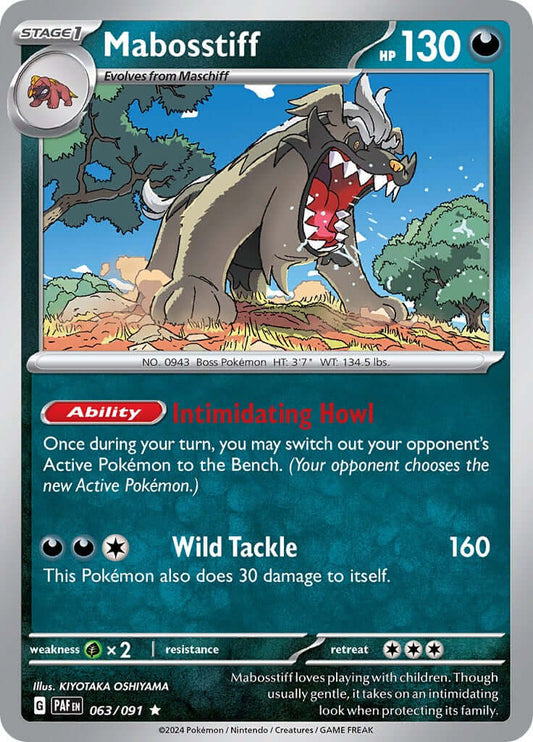 Mabosstiff - 063/091 [PAF - 063/091] Condition: Near Mint Collectible Trading Cards SV: Paldean Fates Also available: Language: English Printing: Holofoil