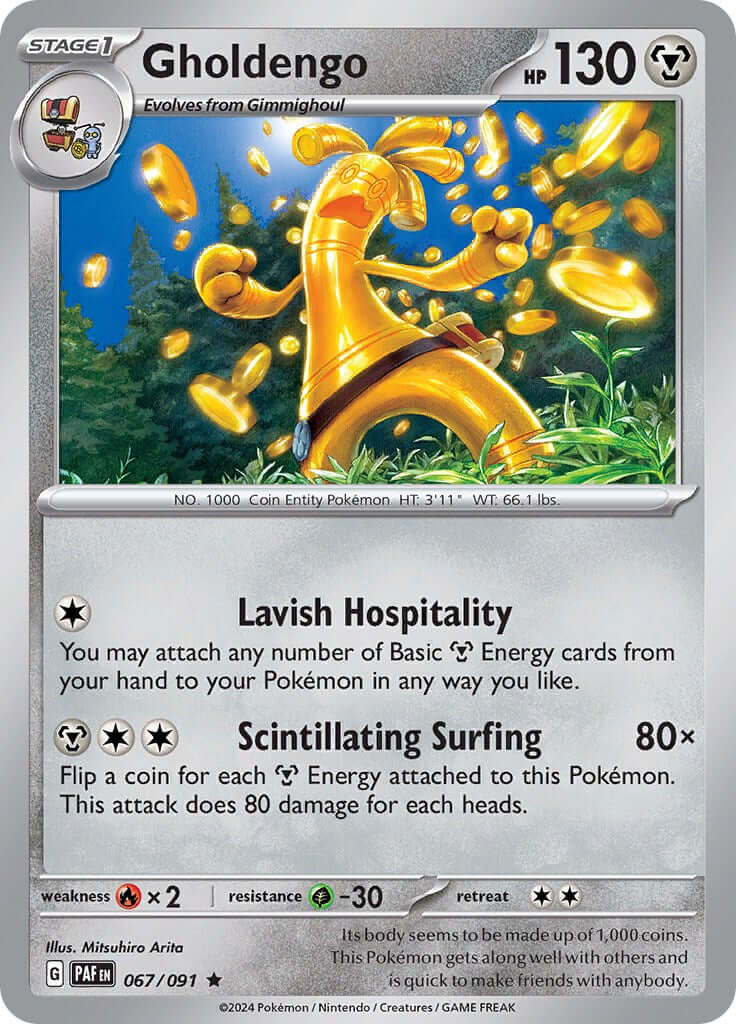 Gholdengo [PAF - 067/091] Condition: Near Mint Collectible Trading Cards SV: Paldean Fates Also available: Language: English Printing: Holofoil
