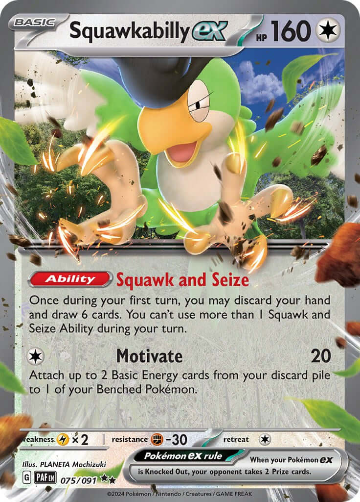 Squawkabilly ex - 075/091 [PAF - 075/091] Condition: Near Mint Collectible Trading Cards SV: Paldean Fates Also available: Language: English Printing: Holofoil