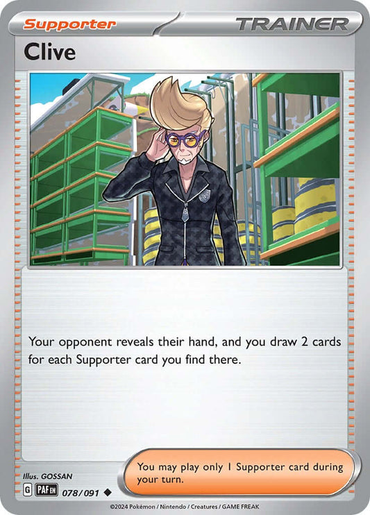 Clive - 078/091 [PAF - 078/091] Condition: Near Mint Collectible Trading Cards SV: Paldean Fates Also available: Language: English Printing: Reverse Holofoil