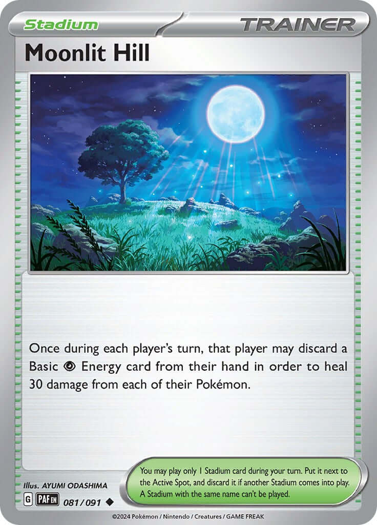 Moonlit Hill [PAF - 081/091] Condition: Near Mint Collectible Trading Cards SV: Paldean Fates Also available: Language: English Printing: Reverse Holofoil