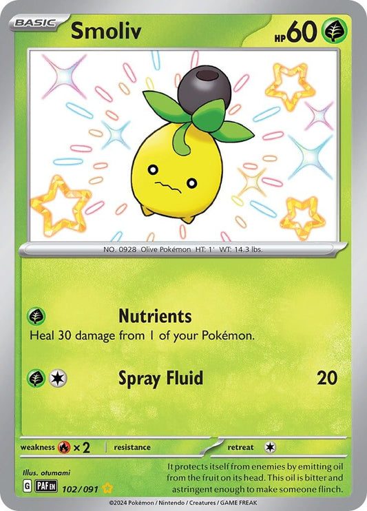 Smoliv [PAF - 102/091] Condition: Near Mint Collectible Trading Cards SV: Paldean Fates Also available: Language: English Printing: Holofoil