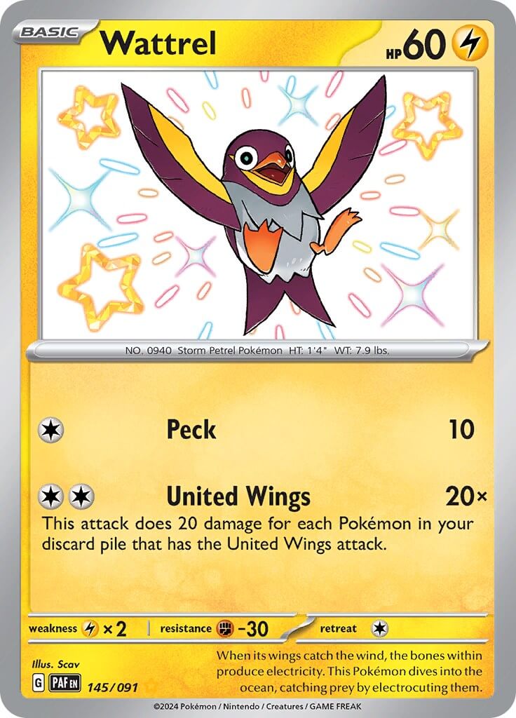 Wattrel [PAF - 145/091] Condition: Near Mint Collectible Trading Cards SV: Paldean Fates Also available: Language: English Printing: Holofoil