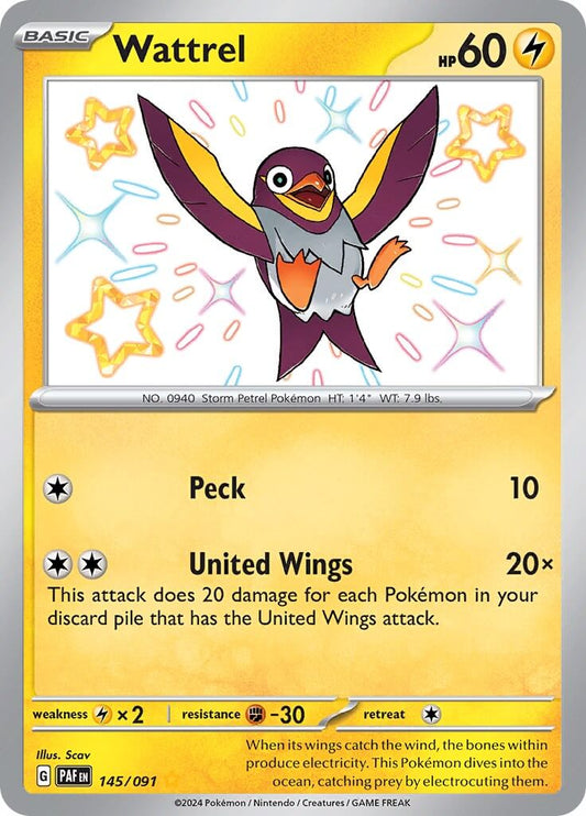 Wattrel [PAF - 145/091] Condition: Near Mint Collectible Trading Cards SV: Paldean Fates Also available: Language: English Printing: Holofoil