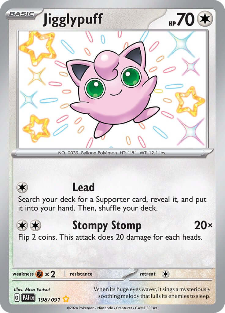 Jigglypuff [PAF - 198/091] Condition: Near Mint Collectible Trading Cards SV: Paldean Fates Also available: Language: English Printing: Holofoil