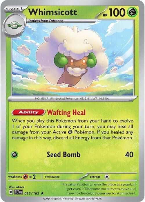Whimsicott [TEF - 015/162] Condition: Near Mint Collectible Trading Cards SV05: Temporal Forces Also available: Language: English Printing: Holofoil