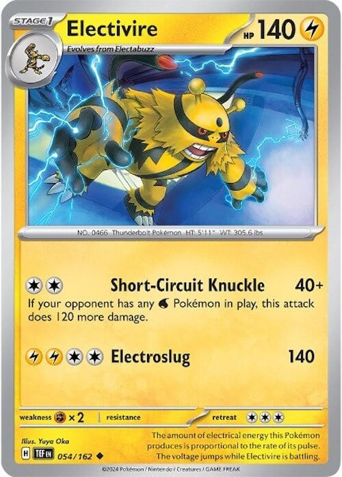 Electivire [TEF - 054/162] Condition: Near Mint Collectible Trading Cards SV05: Temporal Forces Also available: Language: English Printing: Reverse Holofoil