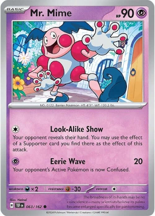 Mr. Mime [TEF - 063/162] Condition: Near Mint Collectible Trading Cards SV05: Temporal Forces Also available: Language: English Printing: Reverse Holofoil