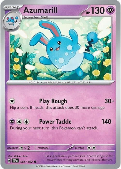 Azumarill [TEF - 065/162] Condition: Near Mint Collectible Trading Cards SV05: Temporal Forces Also available: Language: English Printing: Reverse Holofoil