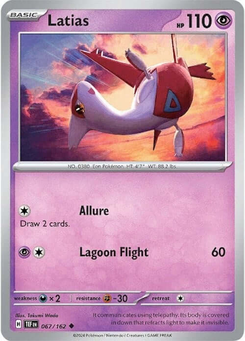 Latias [TEF - 067/162] Condition: Near Mint Collectible Trading Cards SV05: Temporal Forces Also available: Language: English Printing: Reverse Holofoil