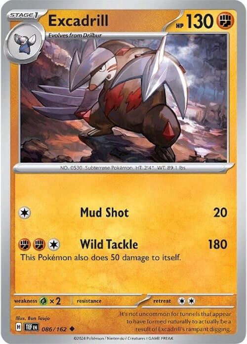 Excadrill - 086/162 [TEF - 086/162] Condition: Near Mint Collectible Trading Cards SV05: Temporal Forces Also available: Language: English Printing: Reverse Holofoil