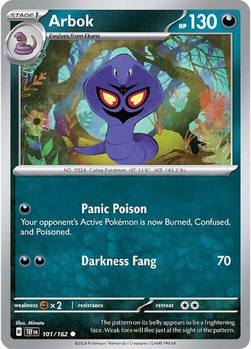 Arbok - 101/162 [TEF - 101/162] Condition: Near Mint Collectible Trading Cards SV05: Temporal Forces Also available: Language: English Printing: Reverse Holofoil