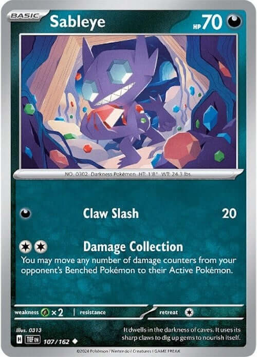 Sableye [TEF - 107/162] Condition: Near Mint Collectible Trading Cards SV05: Temporal Forces Also available: Language: English Printing: Reverse Holofoil
