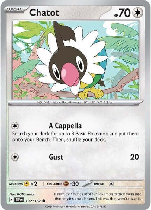 Chatot - 132/162 [TEF - 132/162] Condition: Near Mint Collectible Trading Cards SV05: Temporal Forces Also available: Language: English Printing: Reverse Holofoil