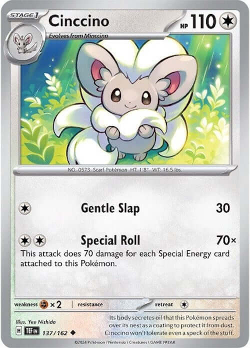 Cinccino - 137/162 [TEF - 137/162] Condition: Near Mint Collectible Trading Cards SV05: Temporal Forces Also available: Language: English Printing: Reverse Holofoil