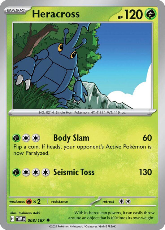 Heracross [TWM - 008/167] Condition: Near Mint Collectible Trading Cards SV06: Twilight Masquerade Also available: Language: English Printing: Reverse Holofoil