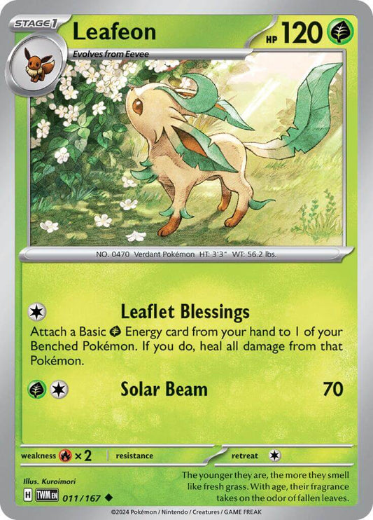 Leafeon [TWM - 011/167] Condition: Near Mint Collectible Trading Cards SV06: Twilight Masquerade Also available: Language: English Printing: Reverse Holofoil