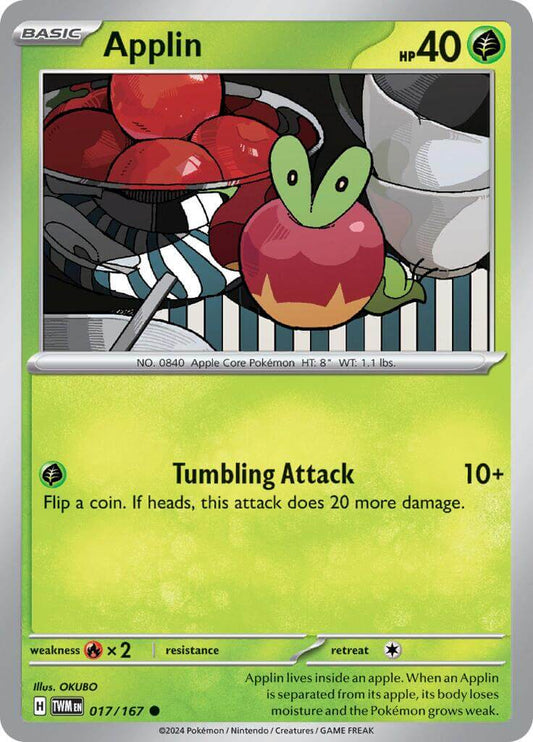 Applin - 017/167 [TWM - 017/167] Condition: Near Mint Collectible Trading Cards SV06: Twilight Masquerade Also available: Language: English Printing: Reverse Holofoil