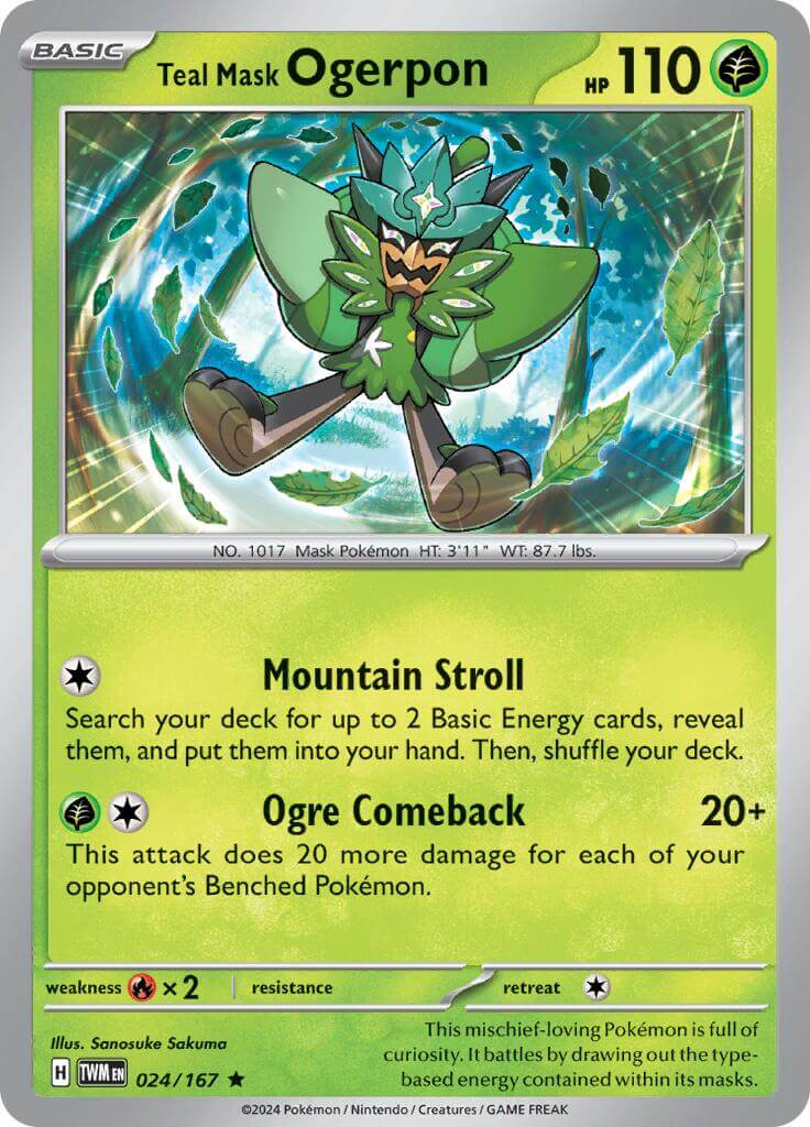 Teal Mask Ogerpon [TWM - 024/167] Condition: Near Mint Collectible Trading Cards SV06: Twilight Masquerade Also available: Language: English Printing: Holofoil