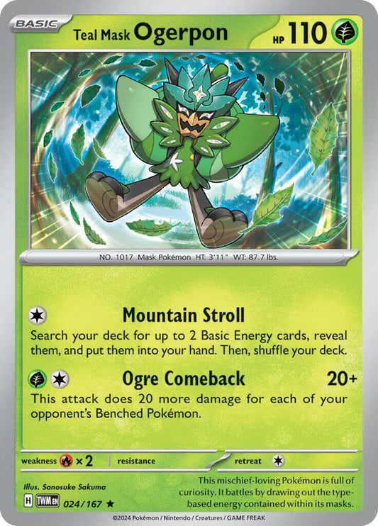 Teal Mask Ogerpon [TWM - 024/167] Condition: Near Mint Collectible Trading Cards SV06: Twilight Masquerade Also available: Language: English Printing: Holofoil