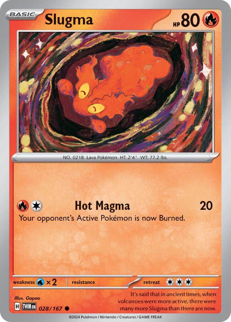 Slugma [TWM - 028/167] Condition: Near Mint Collectible Trading Cards SV06: Twilight Masquerade Also available: Language: English Printing: Reverse Holofoil