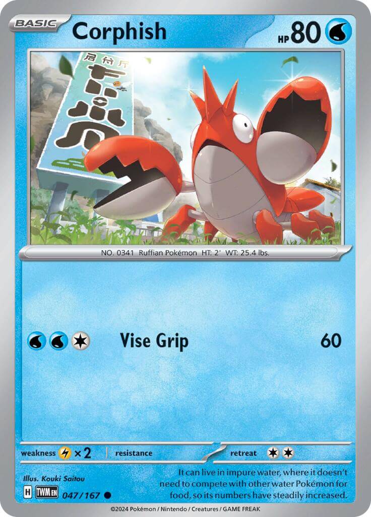 Corphish [TWM - 047/167] Condition: Near Mint Collectible Trading Cards SV06: Twilight Masquerade Also available: Language: English Printing: Reverse Holofoil