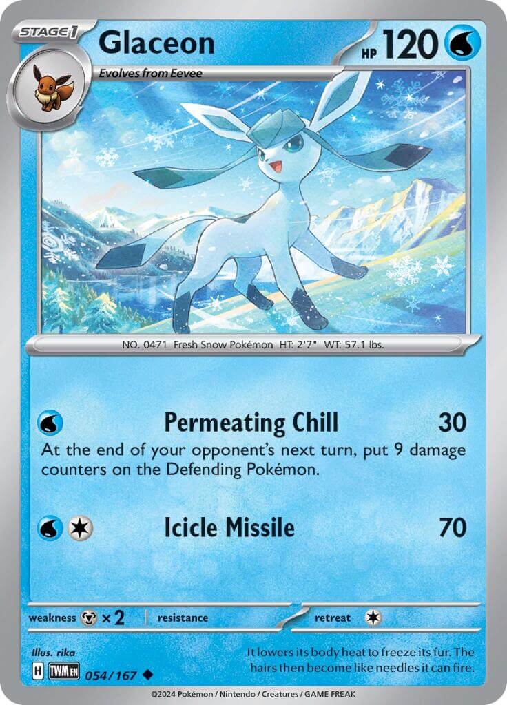 Glaceon [TWM - 054/167] Condition: Near Mint Collectible Trading Cards SV06: Twilight Masquerade Also available: Language: English Printing: Reverse Holofoil