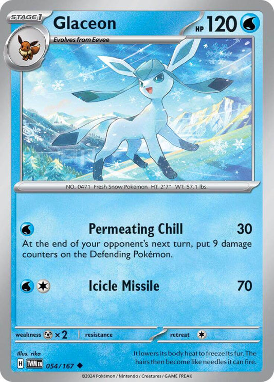 Glaceon [TWM - 054/167] Condition: Near Mint Collectible Trading Cards SV06: Twilight Masquerade Also available: Language: English Printing: Reverse Holofoil