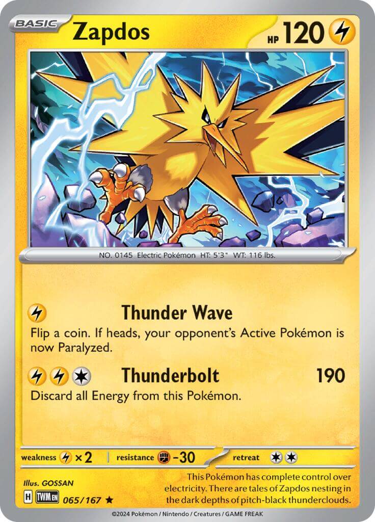 Zapdos [TWM - 065/167] Condition: Near Mint Collectible Trading Cards SV06: Twilight Masquerade Also available: Language: English Printing: Holofoil