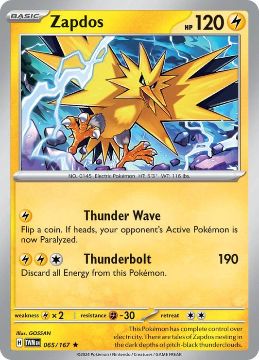 Zapdos [TWM - 065/167] Condition: Near Mint Collectible Trading Cards SV06: Twilight Masquerade Also available: Language: English Printing: Holofoil