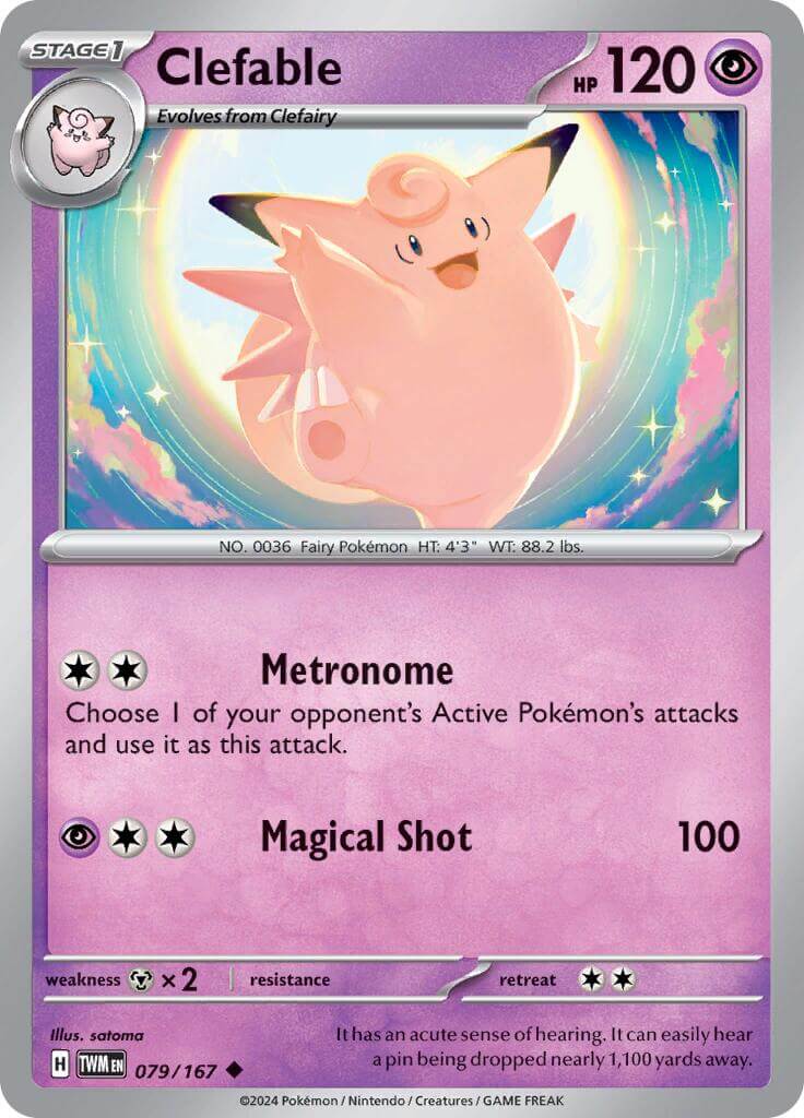 Clefable [TWM - 079/167] Condition: Near Mint Collectible Trading Cards SV06: Twilight Masquerade Also available: Language: English Printing: Reverse Holofoil