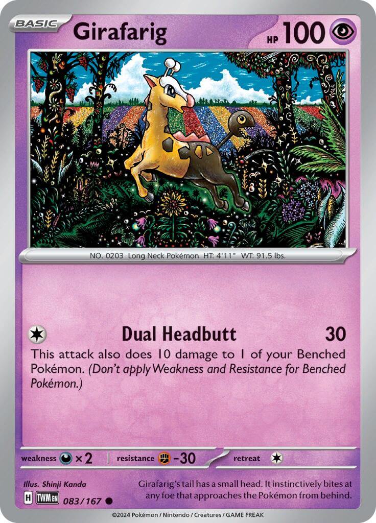 Girafarig [TWM - 083/167] Condition: Near Mint Collectible Trading Cards SV06: Twilight Masquerade Also available: Language: English Printing: Reverse Holofoil