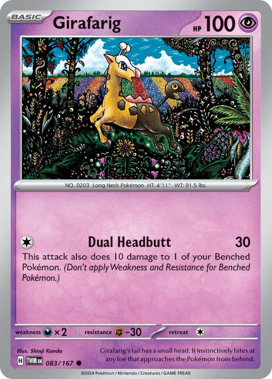 Girafarig [TWM - 083/167] Condition: Near Mint Collectible Trading Cards SV06: Twilight Masquerade Also available: Language: English Printing: Reverse Holofoil