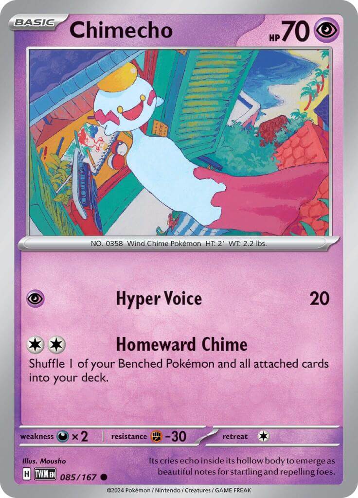 Chimecho - 085/167 [TWM - 085/167] Condition: Near Mint Collectible Trading Cards SV06: Twilight Masquerade Also available: Language: English Printing: Reverse Holofoil