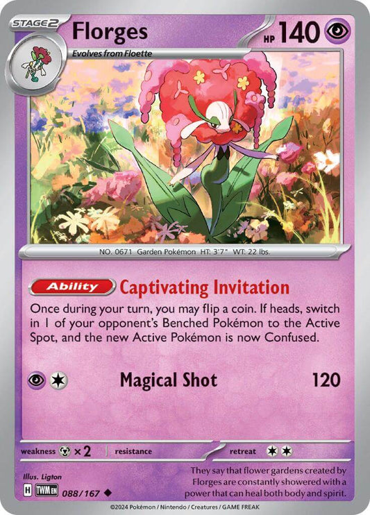 Florges [TWM - 088/167] Condition: Near Mint Collectible Trading Cards SV06: Twilight Masquerade Also available: Language: English Printing: Reverse Holofoil