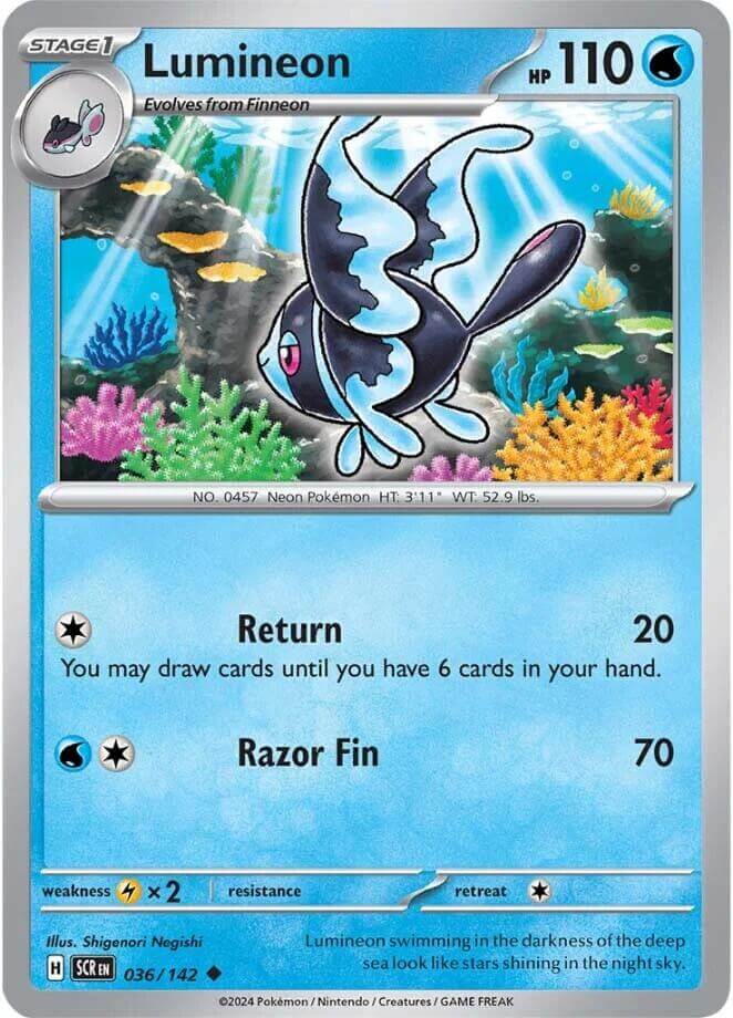 Lumineon [SCR - 036/142] Condition: Near Mint Collectible Trading Cards SV07: Stellar Crown Also available: Language: English Printing: Reverse Holofoil