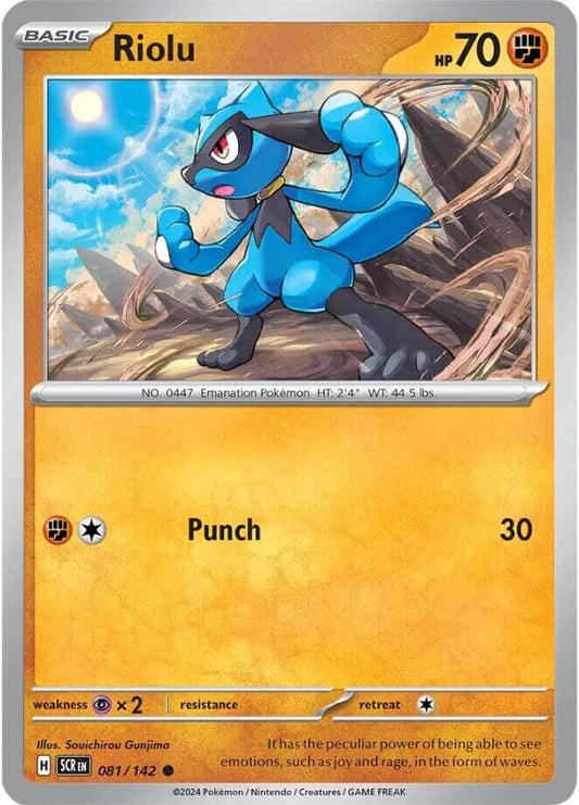 Riolu [SCR - 081/142] Condition: Near Mint Collectible Trading Cards SV07: Stellar Crown Also available: Language: English Printing: Reverse Holofoil