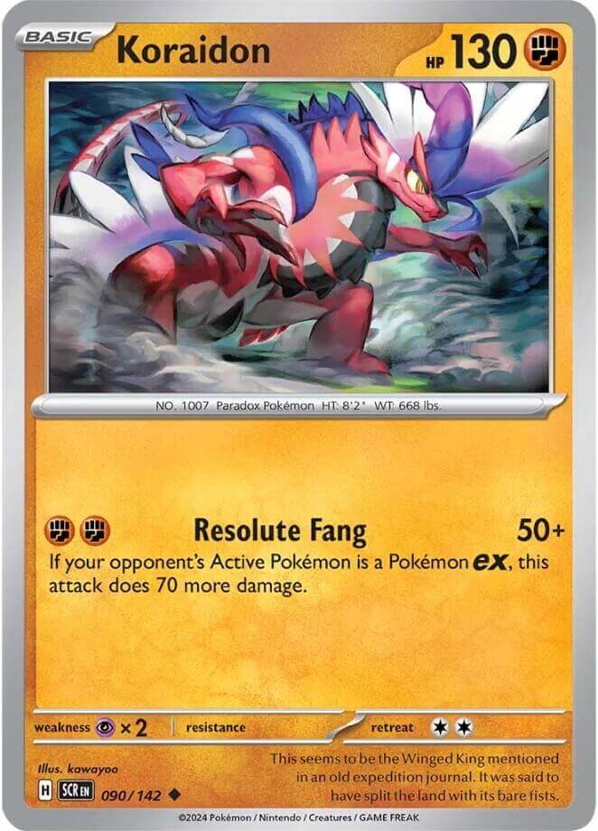Koraidon [SCR - 090/142] Condition: Near Mint Collectible Trading Cards SV07: Stellar Crown Also available: Language: English Printing: Reverse Holofoil