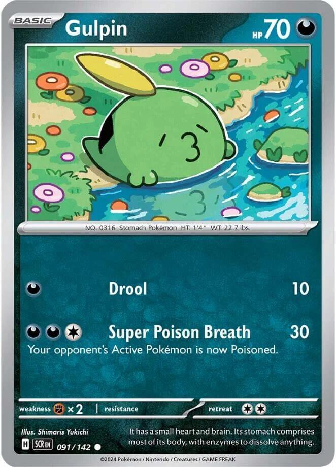 Gulpin - 091/142 [SCR - 091/142] Condition: Near Mint Collectible Trading Cards SV07: Stellar Crown Also available: Language: English Printing: Reverse Holofoil