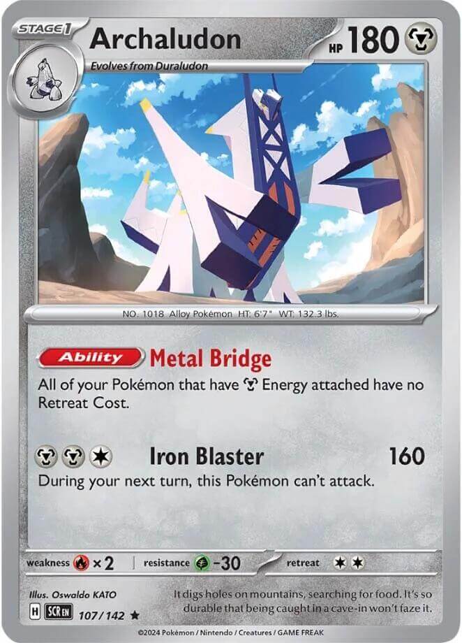 Archaludon - 107/142 [SCR - 107/142] Condition: Near Mint Collectible Trading Cards SV07: Stellar Crown Also available: Language: English Printing: Reverse Holofoil