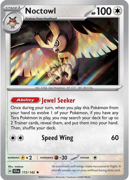 Noctowl [SCR - 115/142] Condition: Near Mint Collectible Trading Cards SV07: Stellar Crown Also available: Language: English Printing: Reverse Holofoil