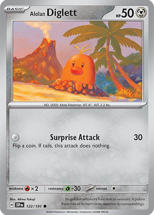 Alolan Diglett [SSP - 122/191] Condition: Near Mint Collectible Trading Cards SV08: Surging Sparks Also available: Language: English Printing: Reverse Holofoil
