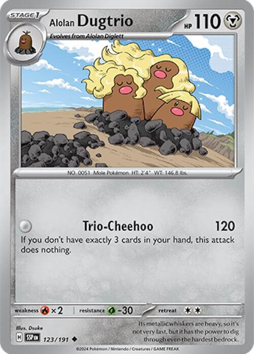 Alolan Dugtrio - 123/191 [SSP - 123/191] Condition: Near Mint Collectible Trading Cards SV08: Surging Sparks Also available: Language: English Printing: Reverse Holofoil