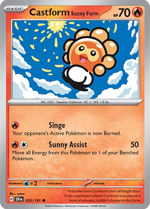 Castform Sunny Form - 020/191 [SSP - 020/191] Condition: Near Mint Collectible Trading Cards SV08: Surging Sparks Also available: Language: English Printing: Reverse Holofoil
