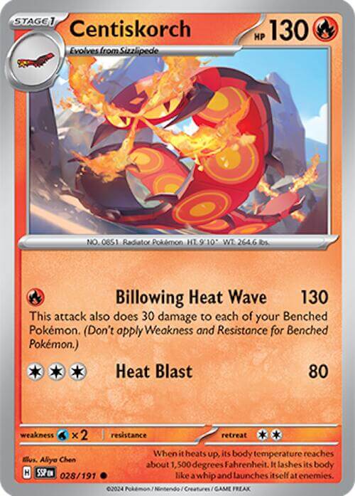 Centiskorch [SSP - 028/191] Condition: Near Mint Collectible Trading Cards SV08: Surging Sparks Also available: Language: English Printing: Reverse Holofoil