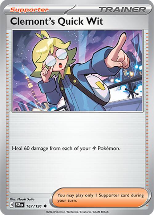Clemont's Quick Wit - 167/191 [SSP - 167/191] Condition: Near Mint Collectible Trading Cards SV08: Surging Sparks Also available: Language: English Printing: Reverse Holofoil